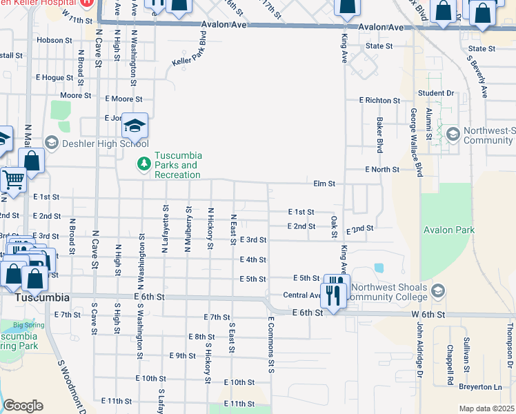 map of restaurants, bars, coffee shops, grocery stores, and more near 401-499 E Commons St N in Tuscumbia