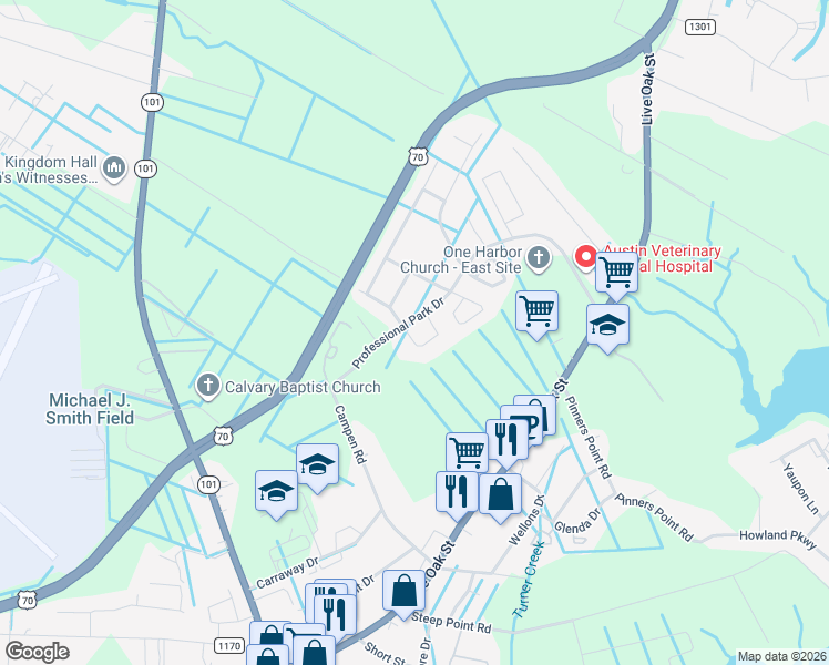 map of restaurants, bars, coffee shops, grocery stores, and more near 401 Pirate Landing Drive in Beaufort