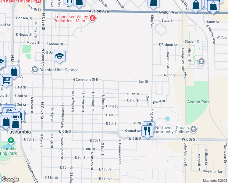 map of restaurants, bars, coffee shops, grocery stores, and more near 401-499 E Commons St N in Tuscumbia