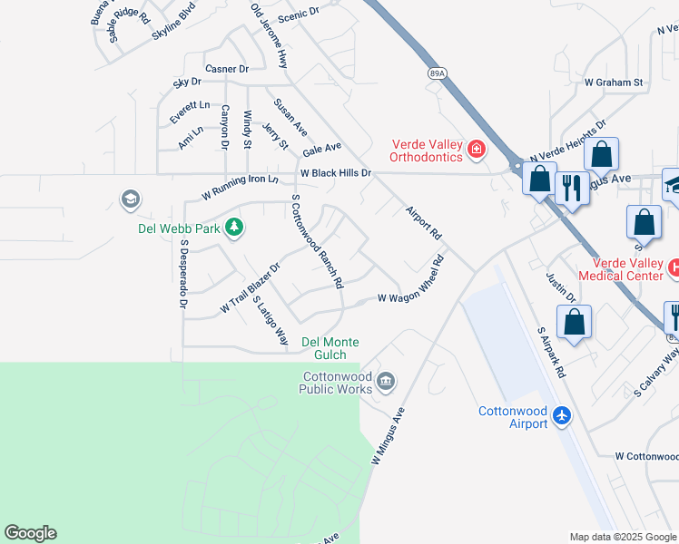 map of restaurants, bars, coffee shops, grocery stores, and more near 255 South Cottonwood Ranch Road in Cottonwood