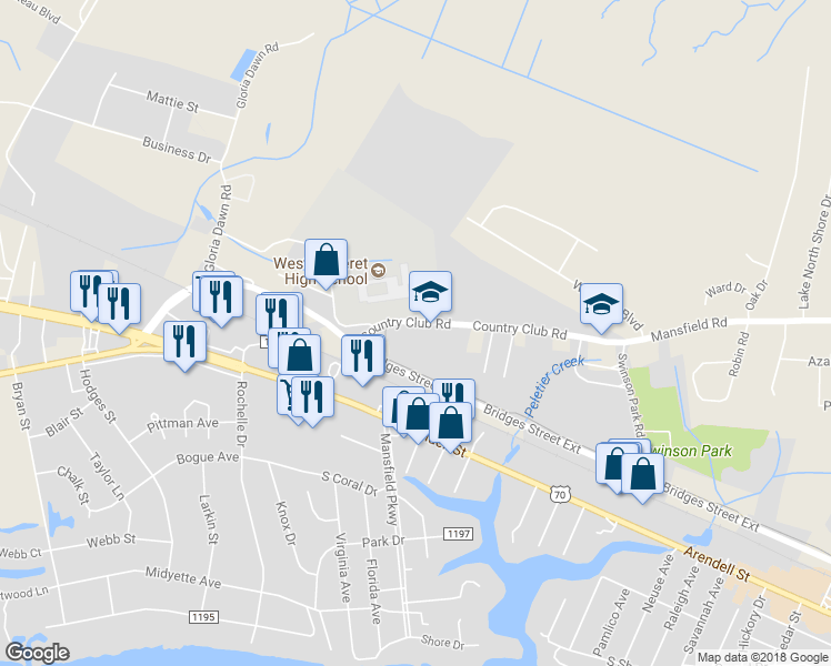 map of restaurants, bars, coffee shops, grocery stores, and more near 4725 Country Club Road in Morehead City