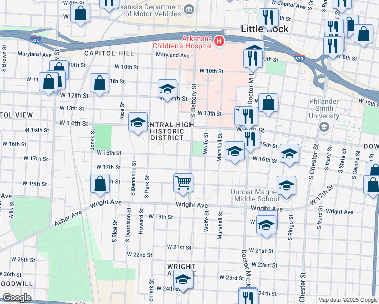 map of restaurants, bars, coffee shops, grocery stores, and more near 1912 West 16th Street in Little Rock