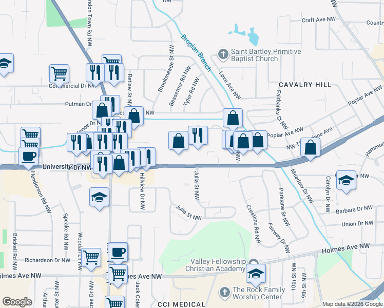 map of restaurants, bars, coffee shops, grocery stores, and more near 3772 University Drive Northwest in Huntsville
