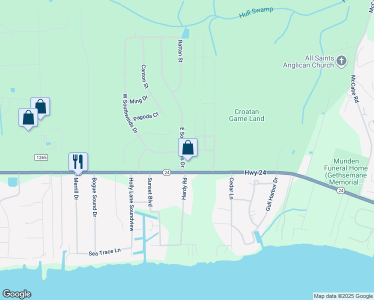 map of restaurants, bars, coffee shops, grocery stores, and more near 130 East South Winds Drive in Newport
