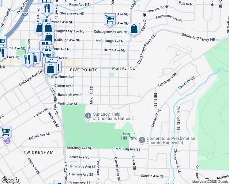 map of restaurants, bars, coffee shops, grocery stores, and more near 1416 Randolph Avenue Southeast in Huntsville