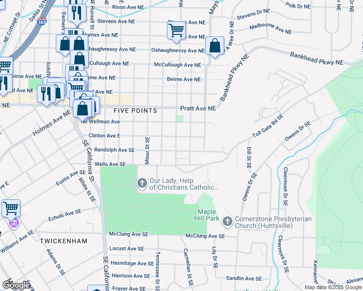 map of restaurants, bars, coffee shops, grocery stores, and more near 1416 Randolph Avenue Southeast in Huntsville