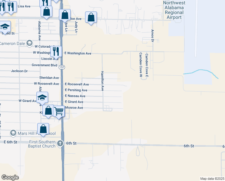 map of restaurants, bars, coffee shops, grocery stores, and more near East Nassau Avenue in Muscle Shoals