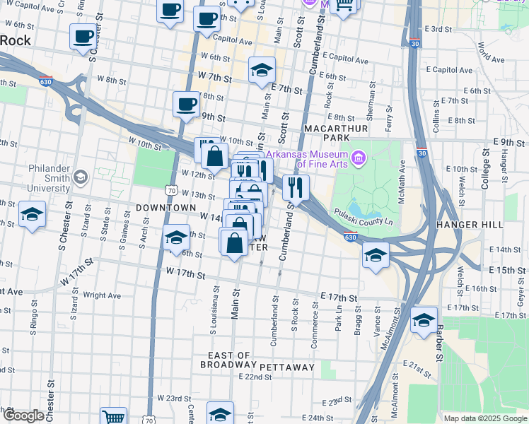 map of restaurants, bars, coffee shops, grocery stores, and more near in Little Rock