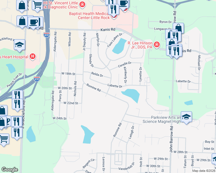 map of restaurants, bars, coffee shops, grocery stores, and more near 1915 Marlyn Drive in Little Rock