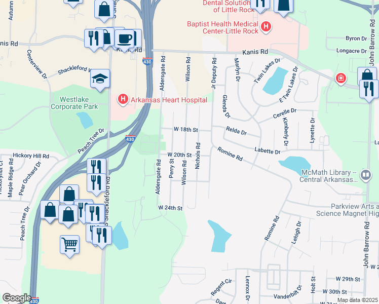 map of restaurants, bars, coffee shops, grocery stores, and more near 2001 Wilson Road in Little Rock