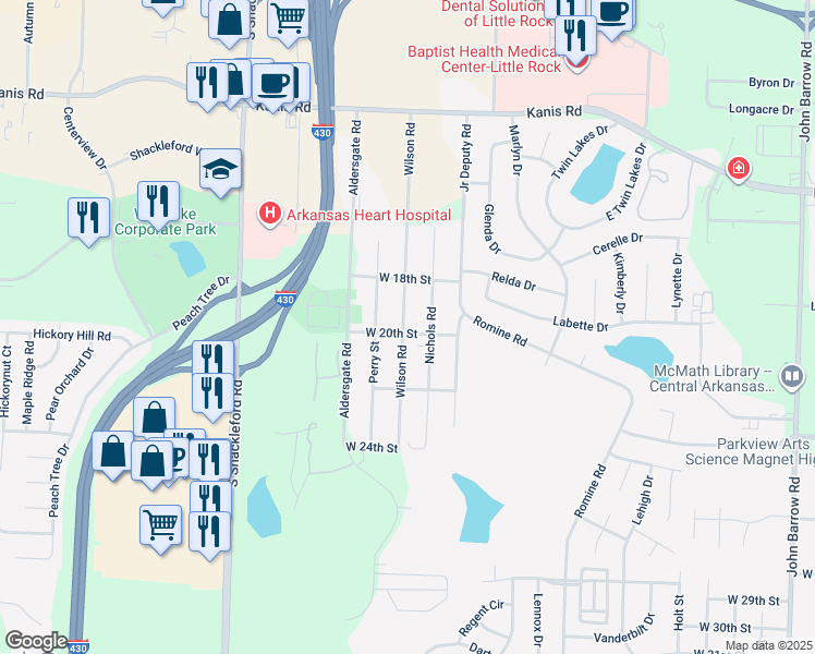 map of restaurants, bars, coffee shops, grocery stores, and more near 2001 Wilson Road in Little Rock