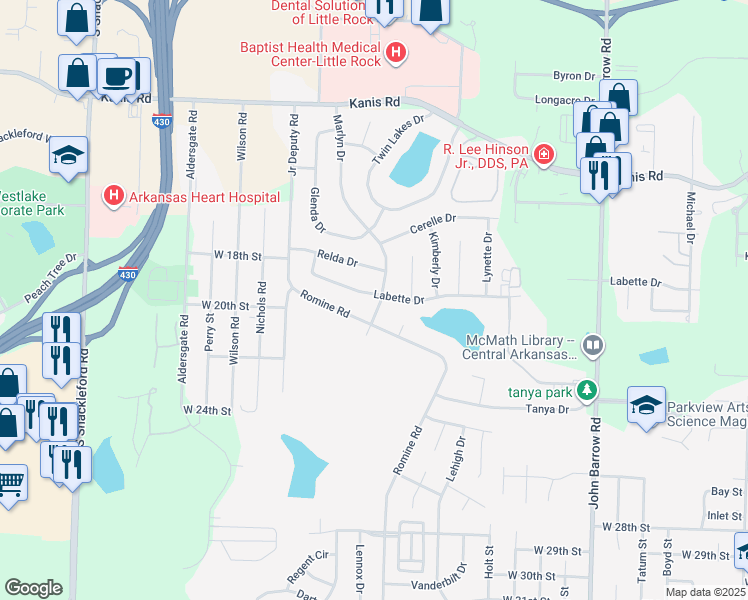 map of restaurants, bars, coffee shops, grocery stores, and more near 1915 Marlyn Drive in Little Rock