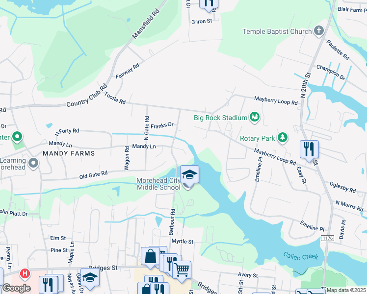 map of restaurants, bars, coffee shops, grocery stores, and more near 2912 Mandy Lane in Morehead City