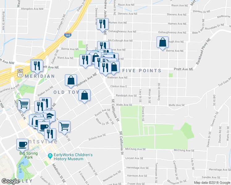map of restaurants, bars, coffee shops, grocery stores, and more near 803 Randolph Avenue Southeast in Huntsville