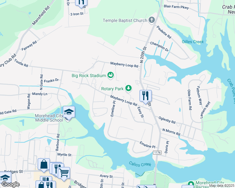map of restaurants, bars, coffee shops, grocery stores, and more near 2216 Mayberry Loop Road in Morehead City