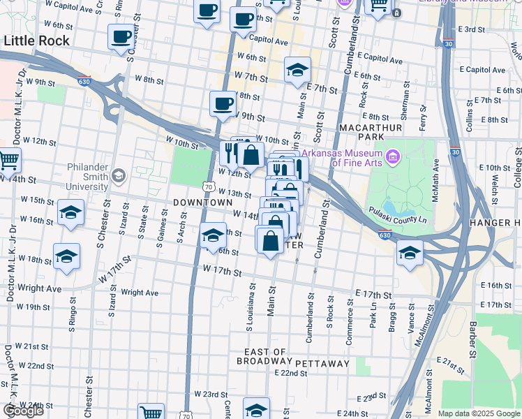 map of restaurants, bars, coffee shops, grocery stores, and more near 1312 South Louisiana Street in Little Rock