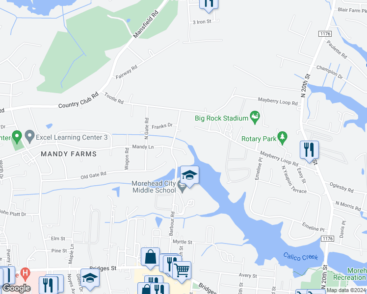 map of restaurants, bars, coffee shops, grocery stores, and more near 2912 Mandy Lane in Morehead City