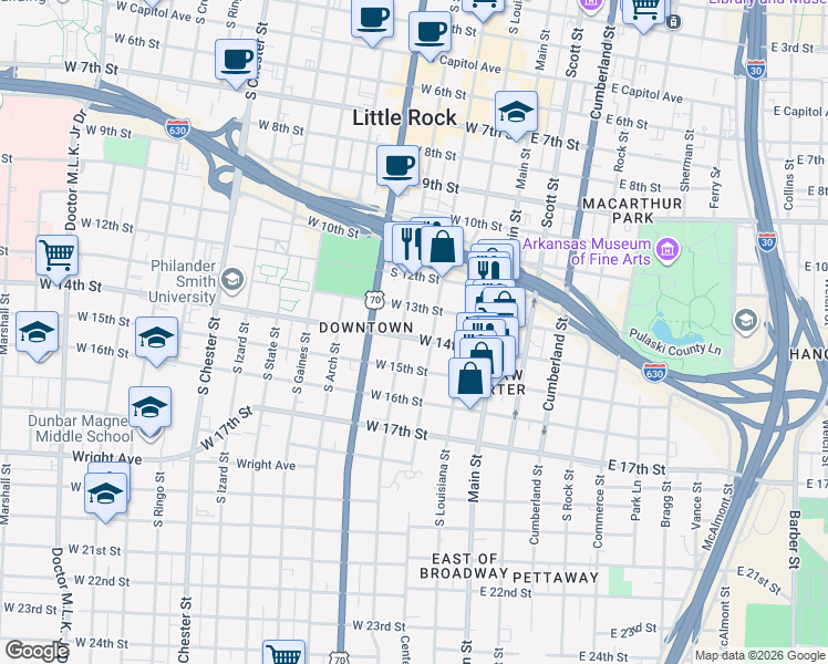 map of restaurants, bars, coffee shops, grocery stores, and more near 312 West Daisy L Gatson Bates Drive in Little Rock
