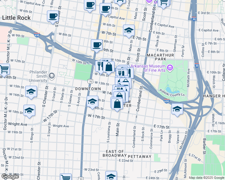 map of restaurants, bars, coffee shops, grocery stores, and more near 121 West Daisy L Gatson Bates Drive in Little Rock