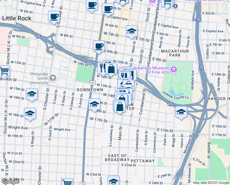 map of restaurants, bars, coffee shops, grocery stores, and more near 1312 Louisiana St in Little Rock