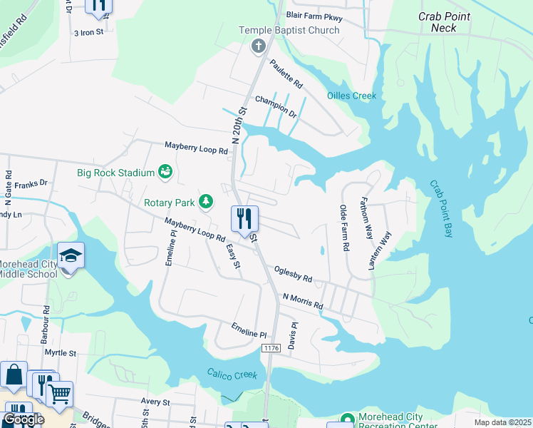 map of restaurants, bars, coffee shops, grocery stores, and more near 1200 North 20th Street in Morehead City