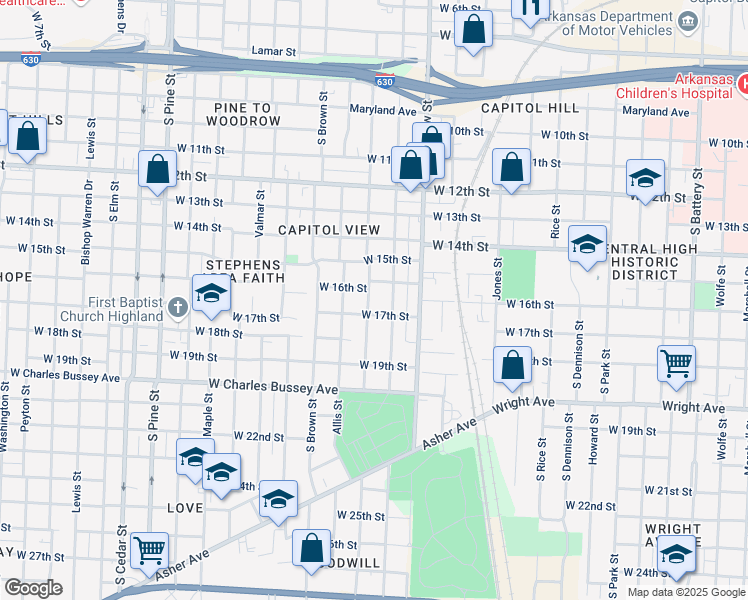 map of restaurants, bars, coffee shops, grocery stores, and more near 3103 West 17th Street in Little Rock