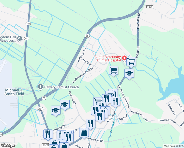 map of restaurants, bars, coffee shops, grocery stores, and more near 401 Pirate Landing Drive in Beaufort