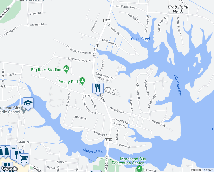 map of restaurants, bars, coffee shops, grocery stores, and more near 1200 North 20th Street in Morehead City