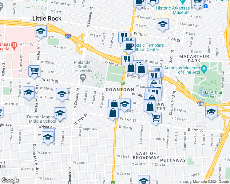 map of restaurants, bars, coffee shops, grocery stores, and more near 514 West 15th Street in Little Rock