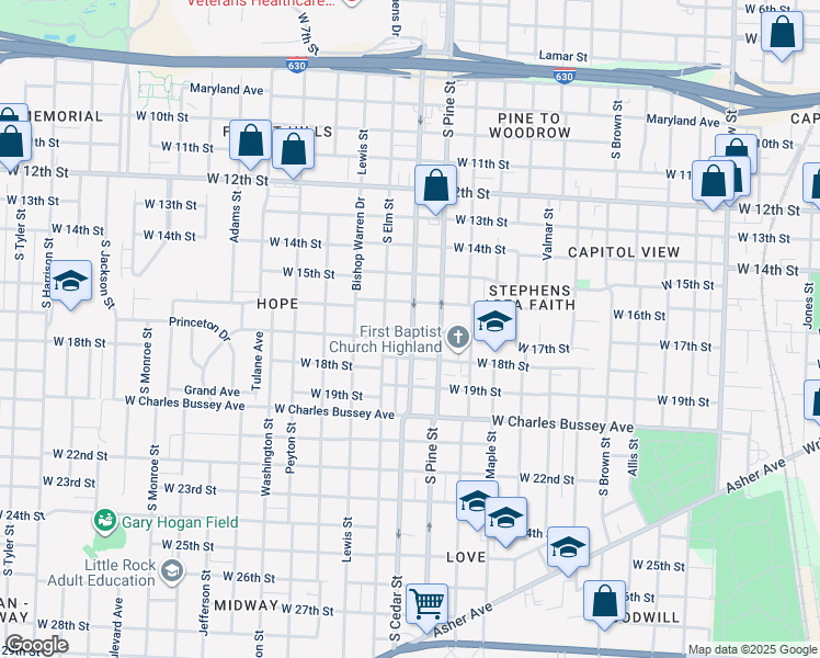 map of restaurants, bars, coffee shops, grocery stores, and more near 1714 South Pine Street in Little Rock