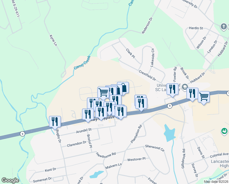 map of restaurants, bars, coffee shops, grocery stores, and more near 1256 Highway 9 Bypass West in Lancaster