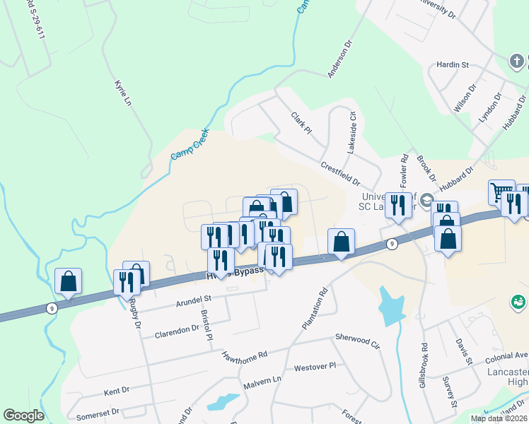 map of restaurants, bars, coffee shops, grocery stores, and more near 1256 Highway 9 Bypass West in Lancaster