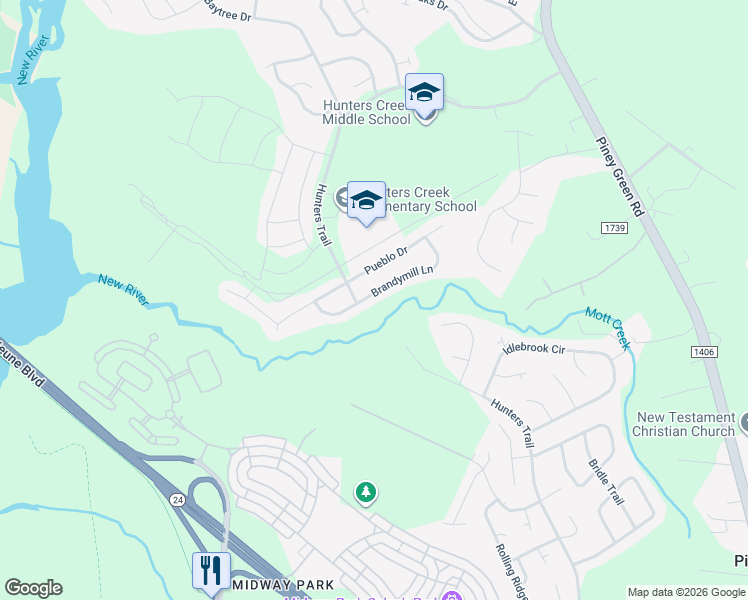 map of restaurants, bars, coffee shops, grocery stores, and more near 2032 Brandymill Lane in Jacksonville