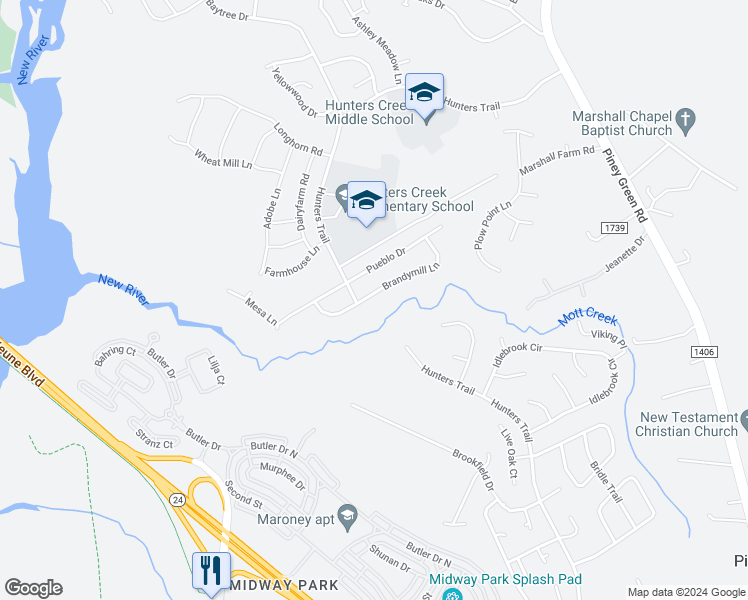 map of restaurants, bars, coffee shops, grocery stores, and more near 2020 Brandymill Lane in Jacksonville