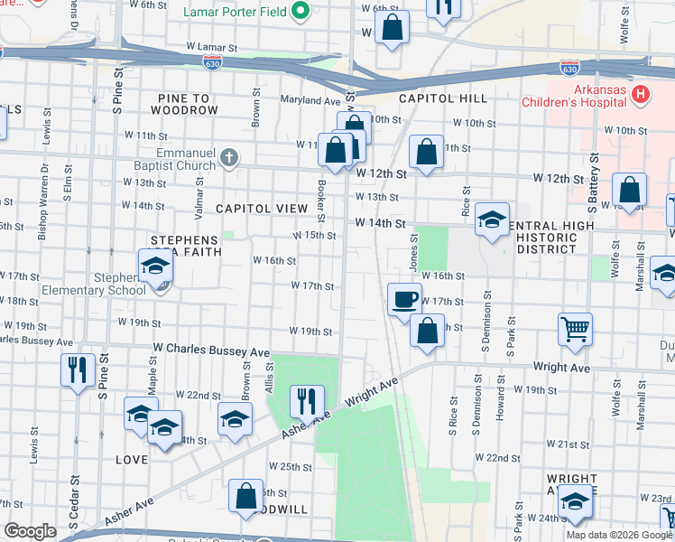map of restaurants, bars, coffee shops, grocery stores, and more near 1609 South Woodrow Street in Little Rock