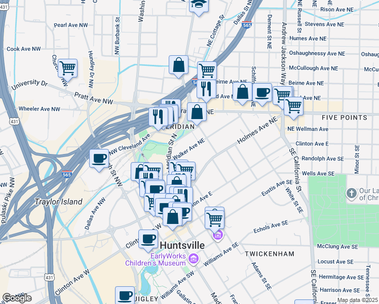 map of restaurants, bars, coffee shops, grocery stores, and more near 122 Walker Avenue Northeast in Huntsville
