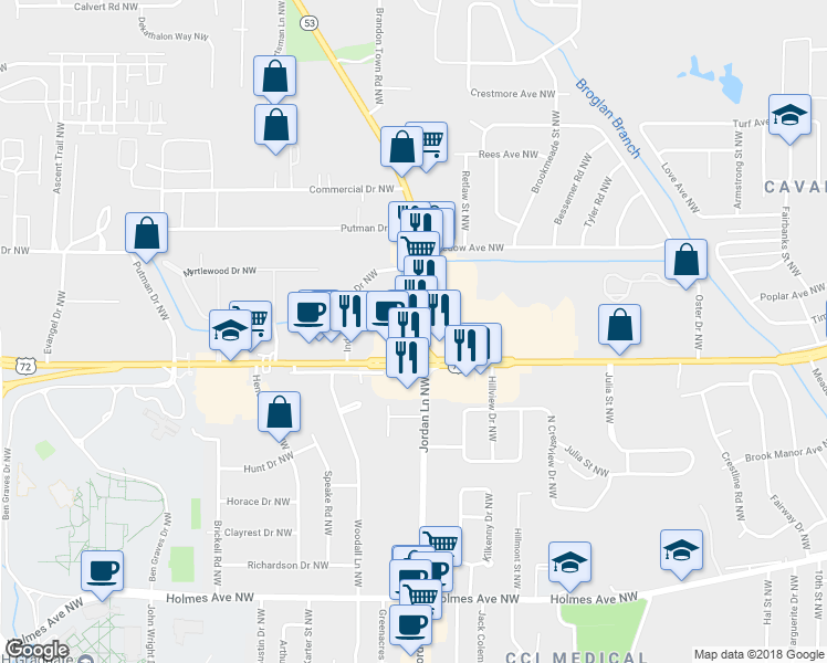 map of restaurants, bars, coffee shops, grocery stores, and more near 1003 Jordan Lane Northwest in Huntsville
