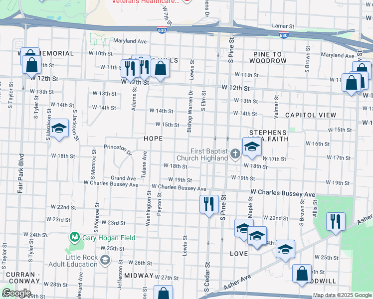 map of restaurants, bars, coffee shops, grocery stores, and more near 4200 West 17th Street in Little Rock