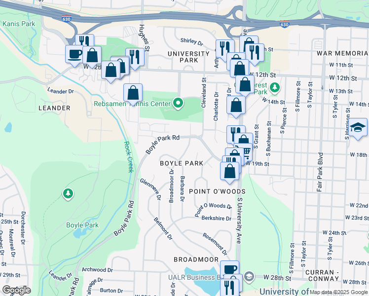 map of restaurants, bars, coffee shops, grocery stores, and more near 1810 Joyce Court in Little Rock