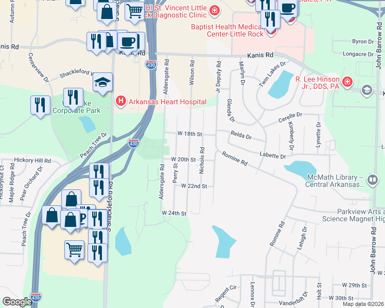 map of restaurants, bars, coffee shops, grocery stores, and more near 2001 Wilson Road in Little Rock