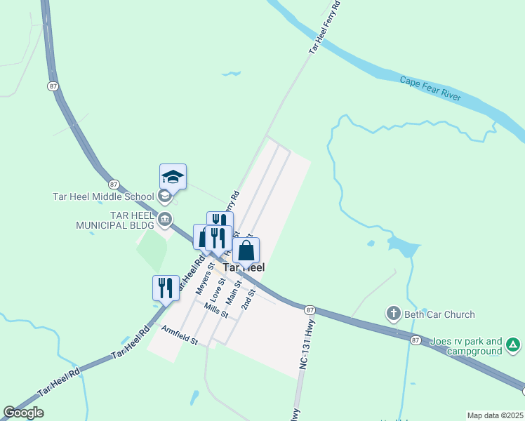 map of restaurants, bars, coffee shops, grocery stores, and more near Pine Street in Tar Heel