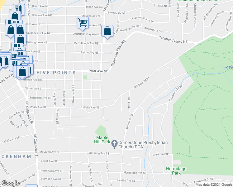 map of restaurants, bars, coffee shops, grocery stores, and more near 1907 Toll Gate Road Southeast in Huntsville
