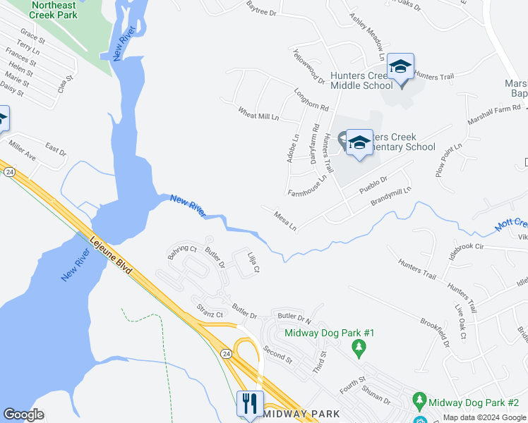 map of restaurants, bars, coffee shops, grocery stores, and more near 213 Mesa Lane in Jacksonville