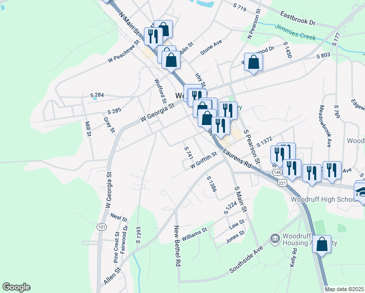 map of restaurants, bars, coffee shops, grocery stores, and more near 330 South 741 in Woodruff