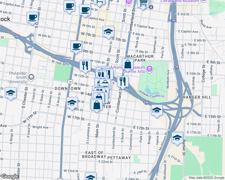 map of restaurants, bars, coffee shops, grocery stores, and more near 1315 Scott Street in Little Rock