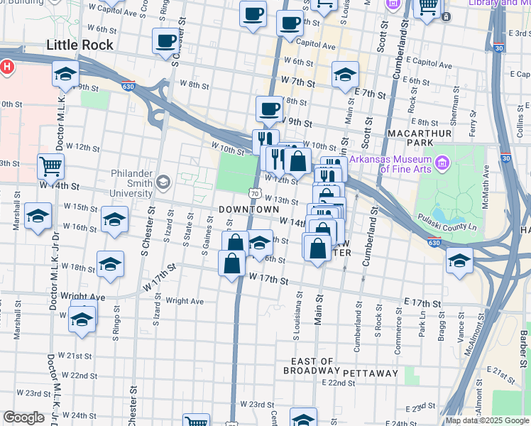 map of restaurants, bars, coffee shops, grocery stores, and more near 1410 South Spring Street in Little Rock