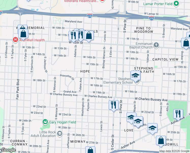 map of restaurants, bars, coffee shops, grocery stores, and more near 4305 West 17th Street in Little Rock