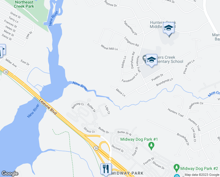 map of restaurants, bars, coffee shops, grocery stores, and more near 219 Mesa Lane in Jacksonville