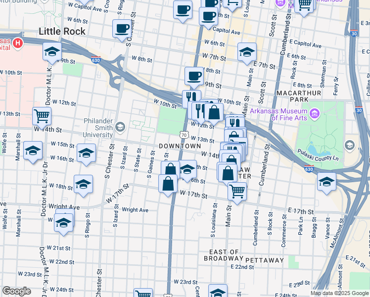 map of restaurants, bars, coffee shops, grocery stores, and more near 1410 South Spring Street in Little Rock