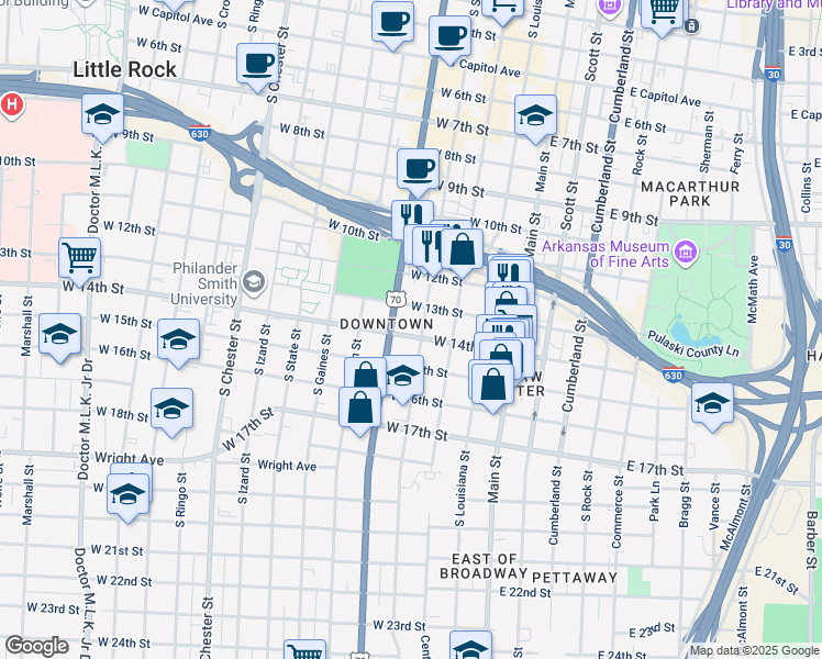 map of restaurants, bars, coffee shops, grocery stores, and more near 412 West 14th Street in North Little Rock